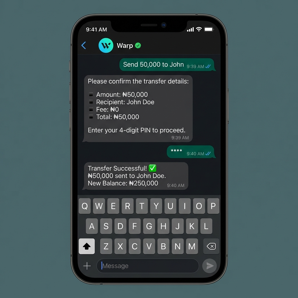 Warp on WhatsApp - Money transfer conversation